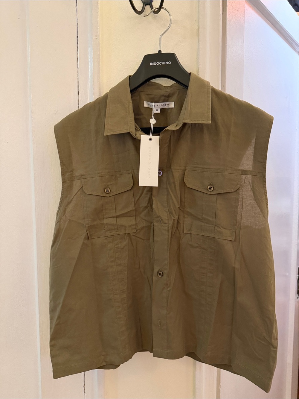 Parke & Ronen Olive Green Sleeveless Button-Down Utility Shirt